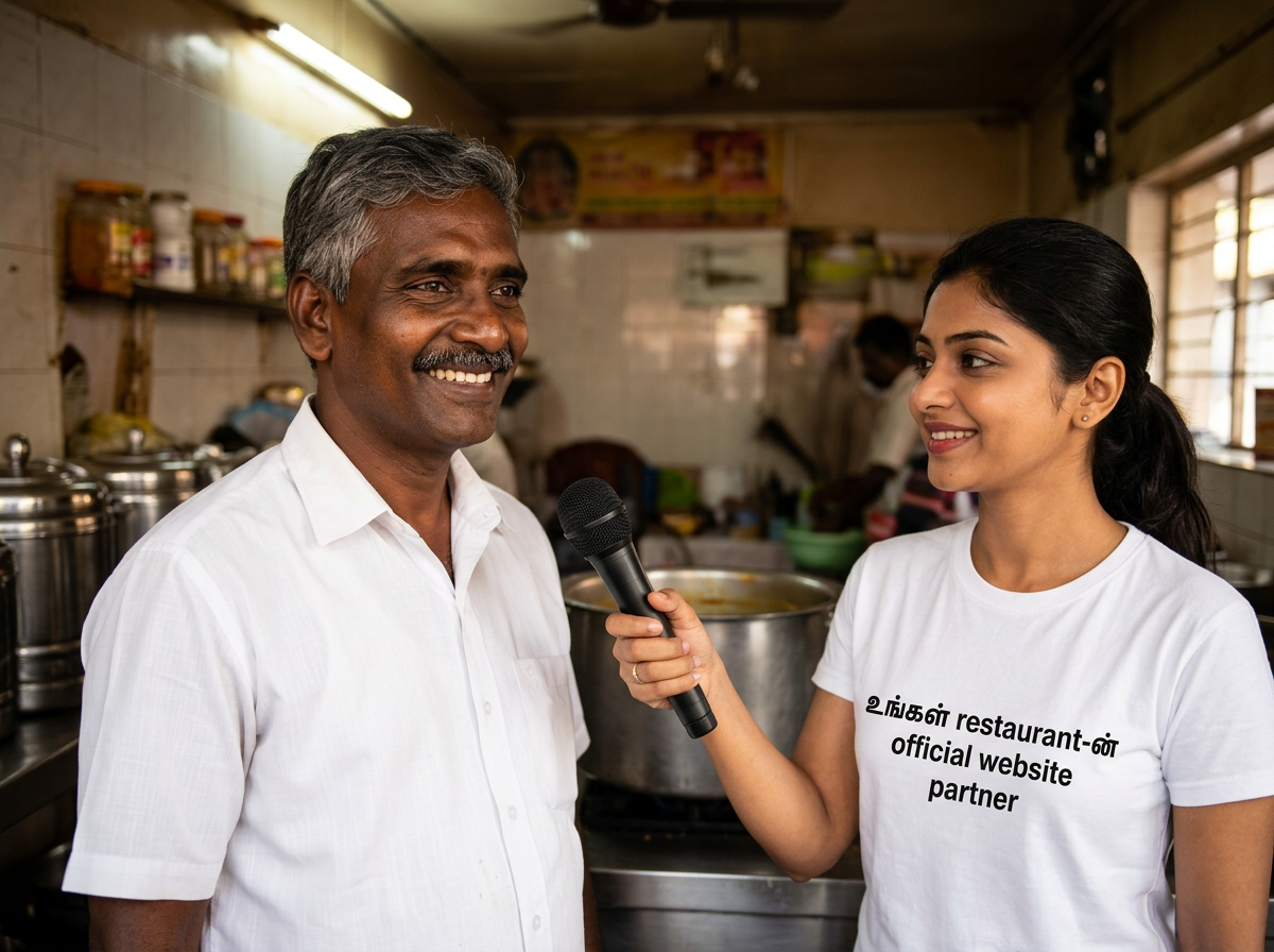 TV reporter interviewing Murugan, owner of Murugan Mess in Madurai